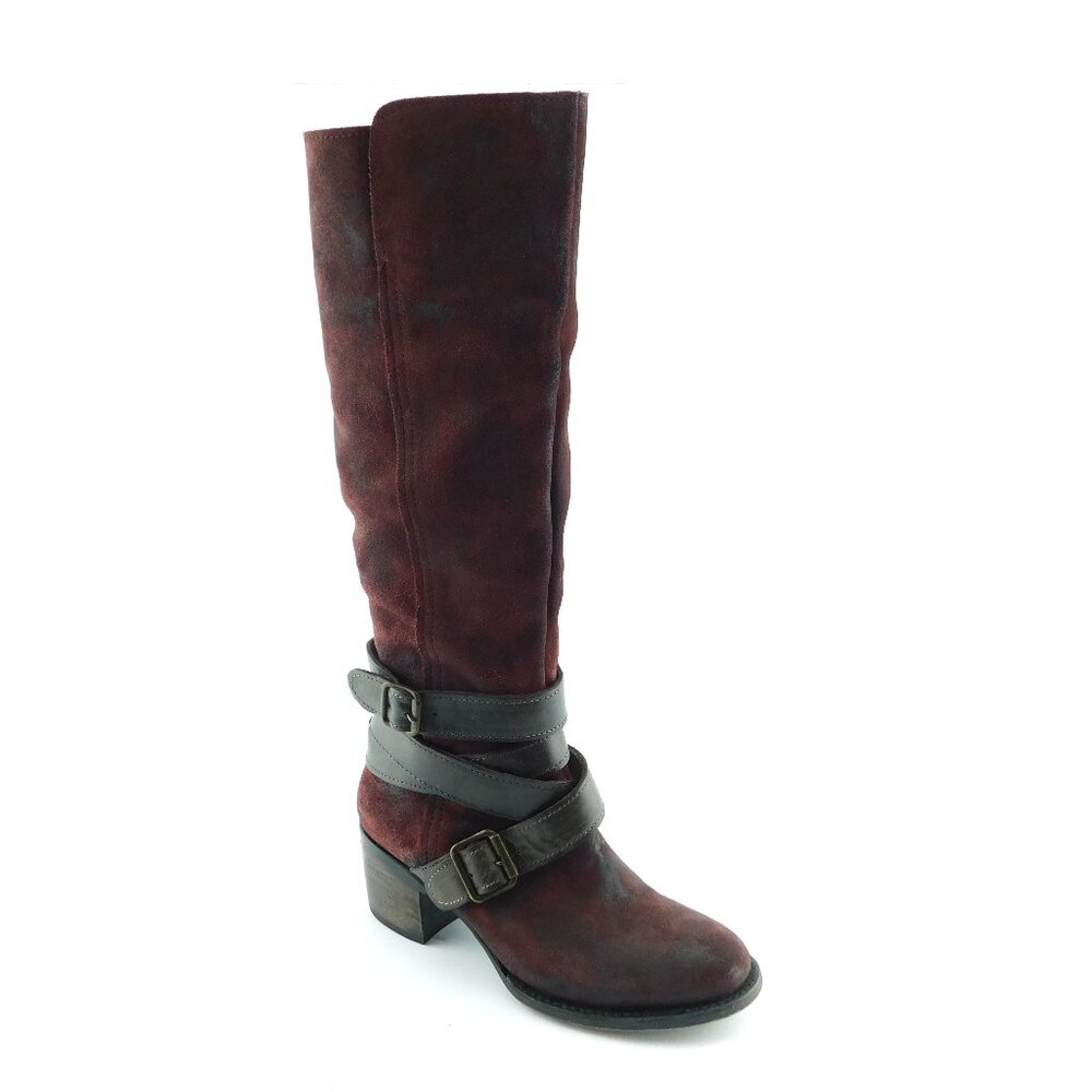 FREEBIRD Burgundy Wine Waxed Leather Buckle Strap Block Heel Tall Moto Boots 7